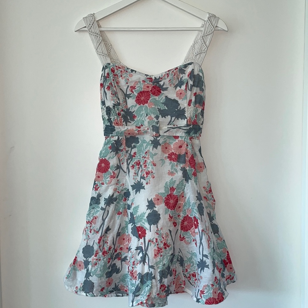 Free People White Linen Shirred Floral Dress Sz 8